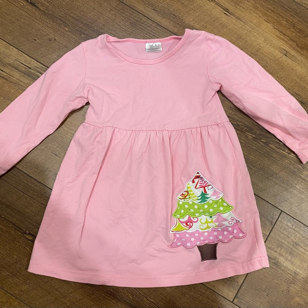 Pink Long Sleeve Dress with Christmas Tree Design